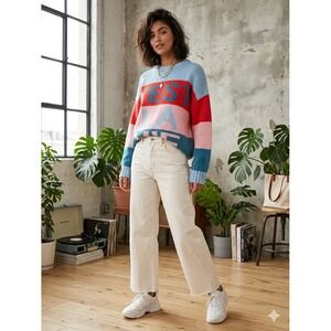 Mainstrip‎ Cest La Vie Graphic Colorblock Sweater Blue Red Pink  Medium